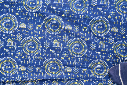 Sanganeri Leaf Print Blue Cotton Unstitched Fabric