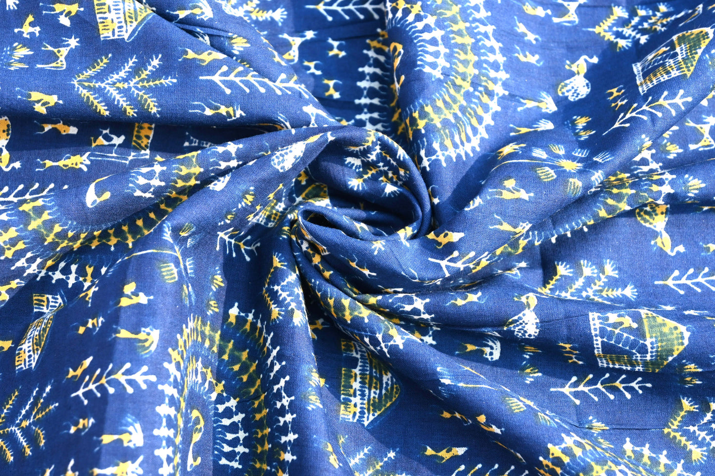 Sanganeri Leaf Print Blue Cotton Unstitched Fabric