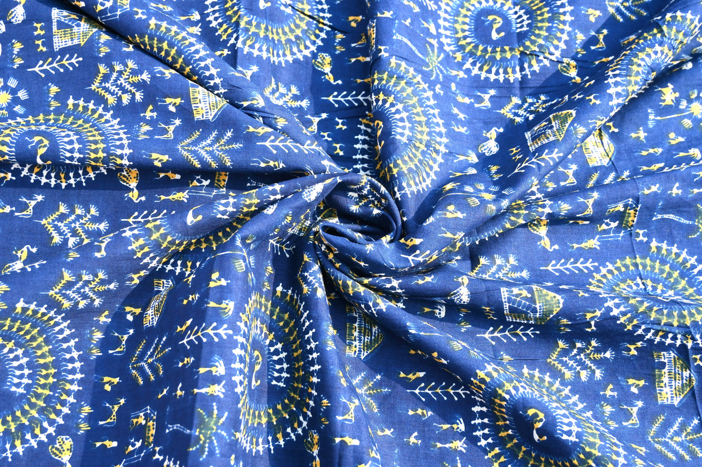 Sanganeri Leaf Print Blue Cotton Unstitched Fabric