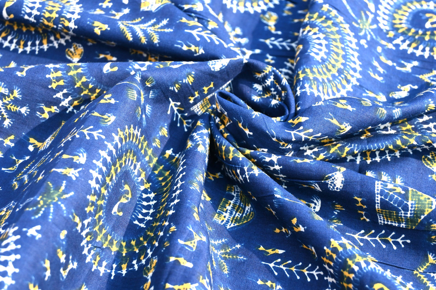 Sanganeri Leaf Print Blue Cotton Unstitched Fabric