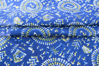 Sanganeri Leaf Print Blue Cotton Unstitched Fabric